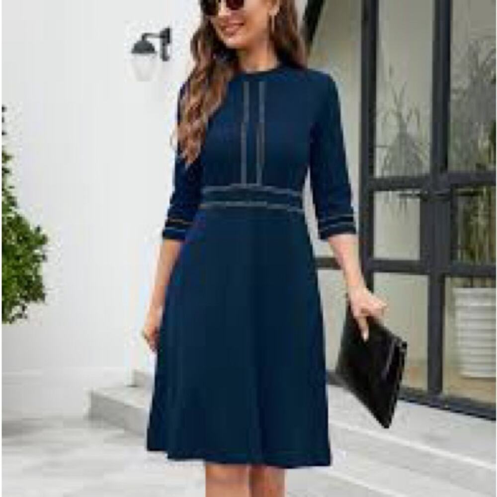 Elegant Navy Blue Women's Dress HomeYee size 6 - Picture 2 of 10